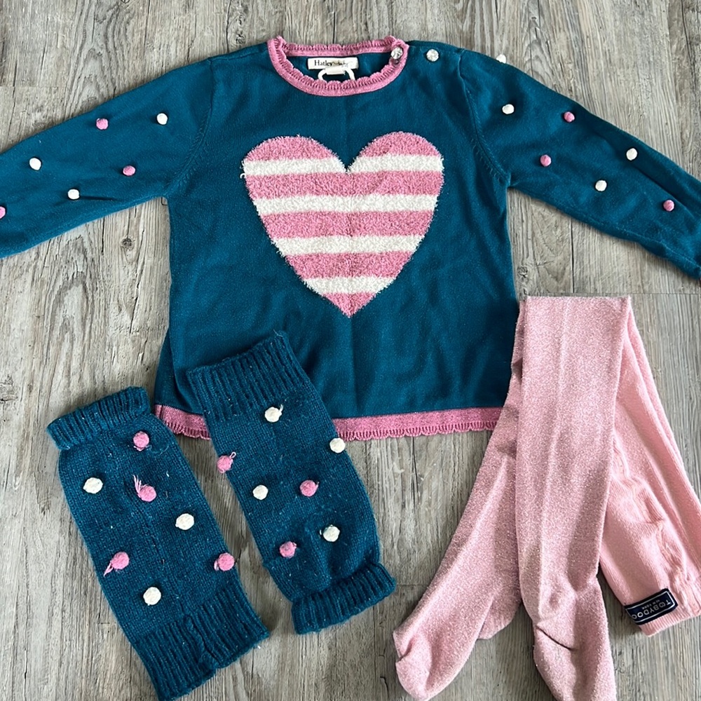 Hatley Heart Valentines sweater with Pom Pom leg warmers and sparkle tights